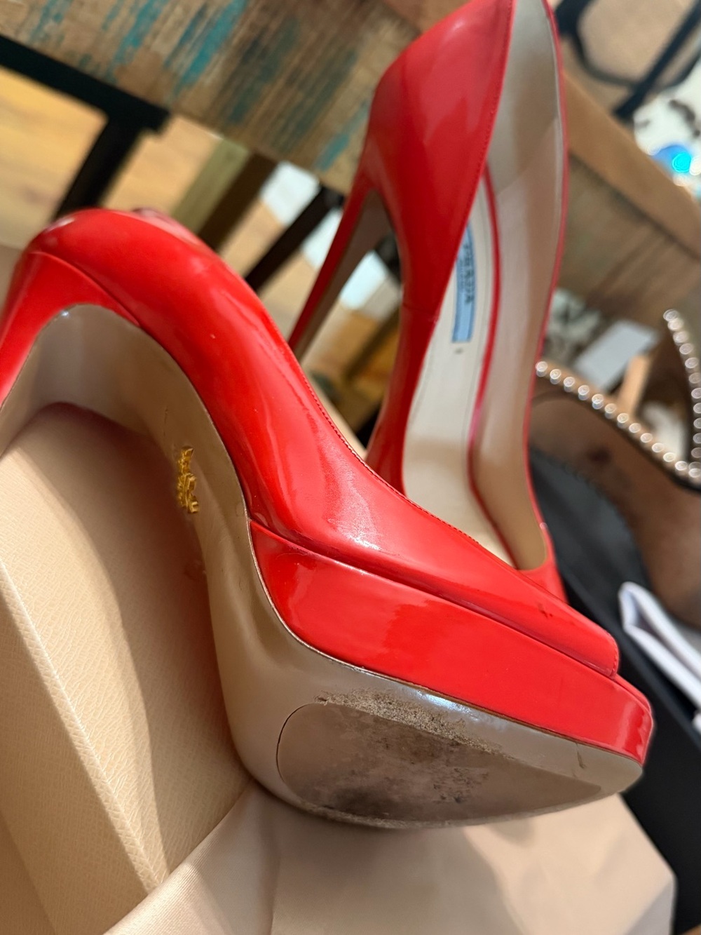Prada Coral Red Patent Leather Peep-Toe Heels - Picture 3 of 3